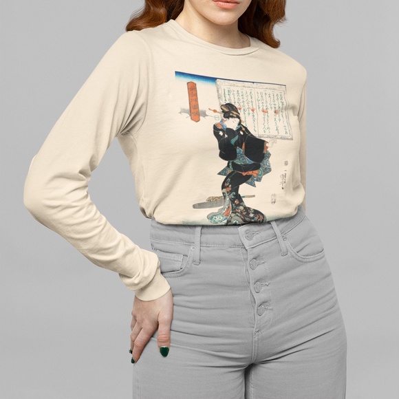 Japanese Woman & Book VTG Ukyio-e Print Long Sleeve Graphic Tee T-shirt S M L XL - Picture 1 of 6